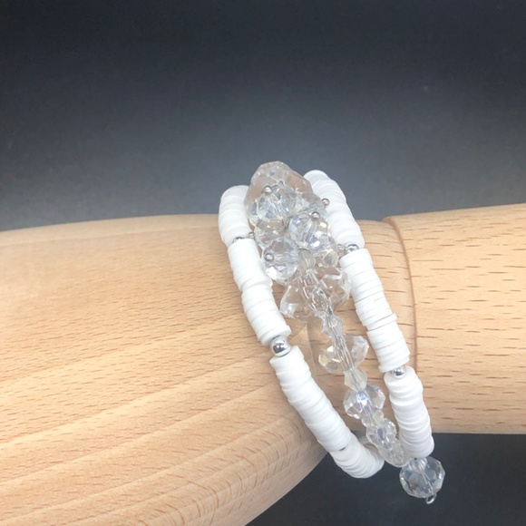 Hand Crafted Multi Clay Beads & Clear Crystals Coil Memory Wire Strand Bracelet - Picture 7 of 14